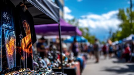 Medium shot of a vendor booth selling themed eclipse merchandise with sundarkened sky and blurred festival crowd highlighting the unique event atmosphere.