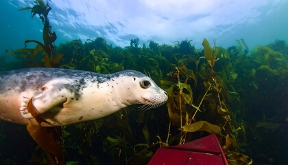 A playful harbor seal swims through a vibrant kelp forest, its curious expression captivating the underwater scene.