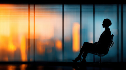 Silhouette of person sitting in chair against backdrop of vibrant sunset, with warm colors illuminating glass windows. scene conveys sense of contemplation and tranquility
