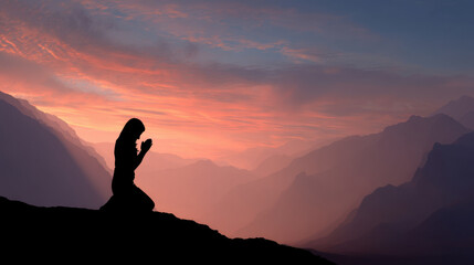 Person kneels prayer against stunning mountain backdrop during sunset, creating serene and contemplative atmosphere. silhouette contrasts beautifully with vibrant colors of sky, evoking sense