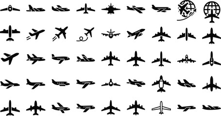 Airplane icons set, aviation, flight, travel, aircraft, jet, airline, transportation, silhouette, globe, journey, tourism, vector, design, illustration, symbol, airport, departure, arrival, graphic