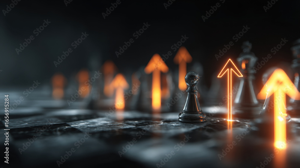 Poster close up view of chessboard featuring pawn in focus, surrounded by other chess pieces. scene is illu