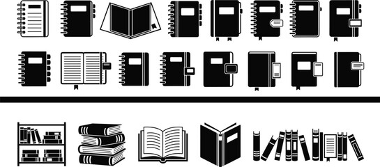 Book and notebook icons set, spiral, hardcover, open, stacked books, bookshelf, education, reading, library, study, vector illustration, design elements