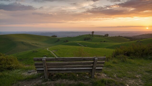 A wooden bench overlooking rolling green hills under a vibrant sunset sky in the countryside view