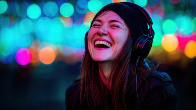 Happy woman laughing with headphones, enjoying music in vibrant, colorful setting filled with bright lights. joyful atmosphere enhances her cheerful expression