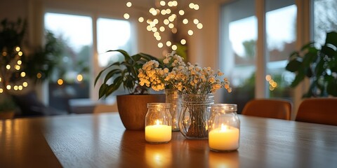 Cozy candlelit dinner event with flowers home dining room still life warm atmosphere intimate viewpoint