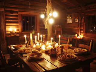 Warm candlelit feast in a wooden cabin