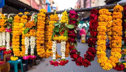 Colorful flower garlands hanging in a market