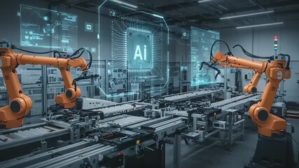 Robotic arms assembling technology in a modern factory - Powered by Adobe