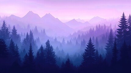 Fototapeta premium mountain forest landscape at dawn. Purple and blue hues dominate, creating a calm atmosphere.
