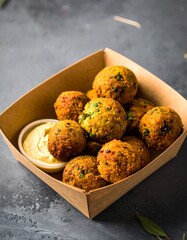 Crispy falafel balls in a box with dip