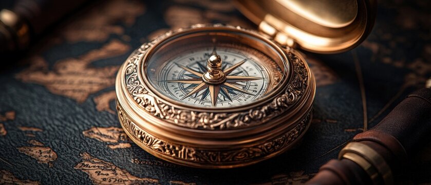 Exploring timeless navigation antique compass on vintage world map artistic warm lighting travel inspiration