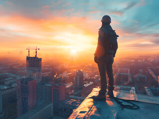 Adventurer standing on a rooftop at sunrise