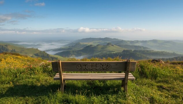 A wooden bench overlooking rolling green hills covered in mist under a blue sky on a sunny day outdoors