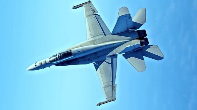 Six frames showing a fa 18 super hornet fighter jet executing maneuvers against a vibrant blue sky, creating a dynamic display of aviation power
