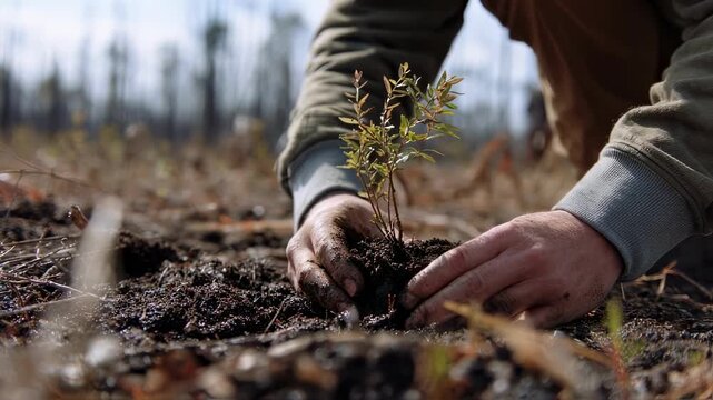 Close up of dirty hands carefully planting a small tree sapling in the soil of a recently burned forest, demonstrating reforestation and environmental recovery efforts