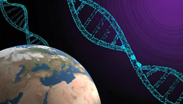A digital representation of DNA spirals above a detailed world map, highlighting the intricate connection between life and the planet.