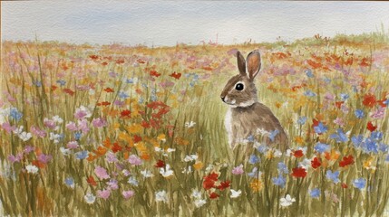 A rabbit sits amidst a vibrant field of wildflowers.
