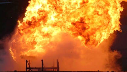 A large, intense fire erupts from a structure, showcasing a dramatic display of flames and smoke.