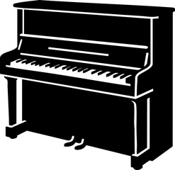 Wall piano silhouette with upright body, vertical frame, and keyboard layout. © drik