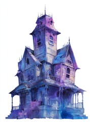 Watercolor Halloween Composition with pumpkins, castle house, bat, spider web and ghost. Haunted house