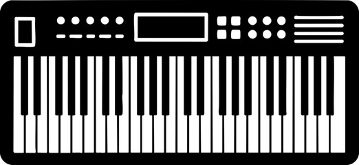 Electric piano silhouette with rectangular frame and keyboard layout.