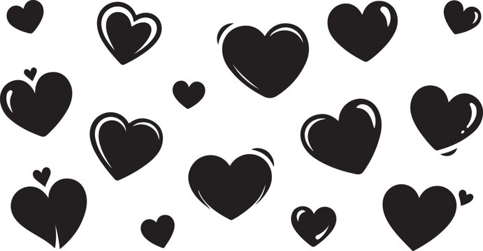 Scattered pattern of black heart shapes of various sizes and styles hearts love