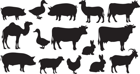 Fototapeta premium Diverse Collection of Farm and Domestic Animal Silhouettes on White Background farm animals