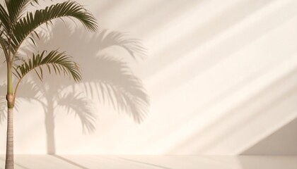 Elegant, minimalist still life showcasing a palm tree and its shadow on a neutral backdrop, evoking a tranquil and sunlit ambiance.