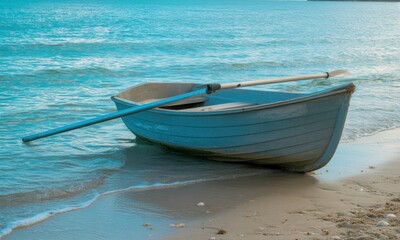 Fototapeta premium Gray rowboat on sandy beach, turquoise water