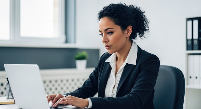 Focused businesswoman working on laptop in modern office