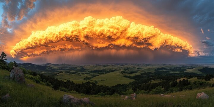Dramatic storm clouds over rolling hills nature landscape sunset viewpoint atmospheric conditions adventure