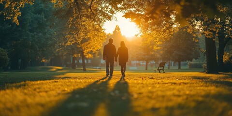 Couple walking at sunset in a park nature scene autumn vibes romantic environment warm colors