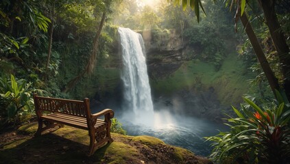 A wooden bench overlooks a majestic waterfall surrounded by lush green foliage and vibrant plants