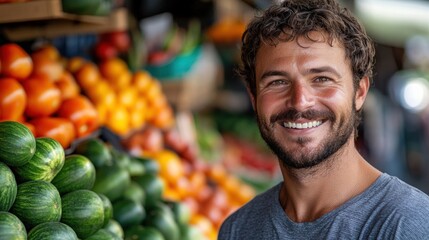 Smiling farmer showcasing fresh produce at local market vibrant fruit and vegetables lively environment portrait view community engagement