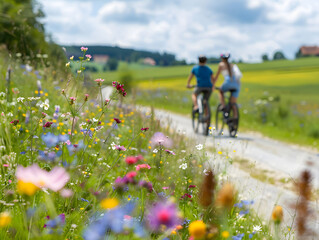 Friends riding bicycles in a rural landscape