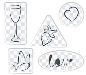 colour background, love concept stickers. Hand drawn black ink blob brush line stroke, doodle cartoon sketch style design, grey white color. Vector illustration for web social media presentation