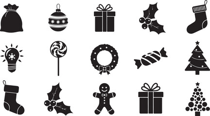 Christmas Icons Silhouette Including Gift Bag Tree Stocking Holly Wreath Candy Lightbulb
