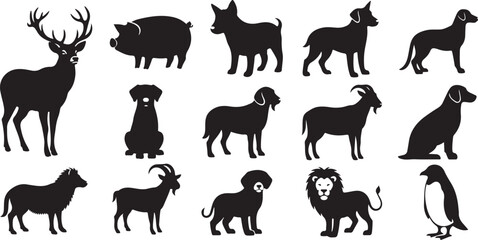 Naklejka premium Diverse collection of animal silhouettes including deer pig dog goat lion penguin