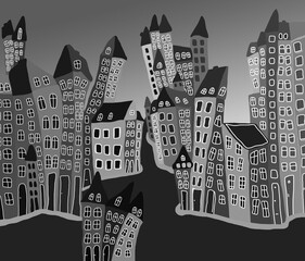 A black and white hand-drawn drawing of residential buildings located close to each other