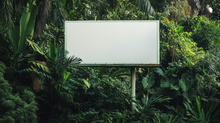 Fototapeta premium A blank billboard surrounded by lush greenery in a tropical setting.