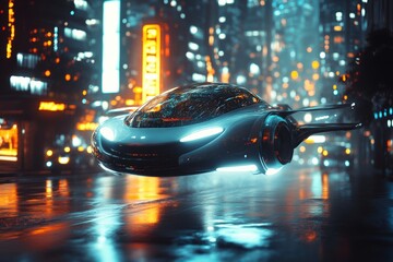 Futuristic hovercar in neon cityscape urban environment digital night scene with vibrant lights