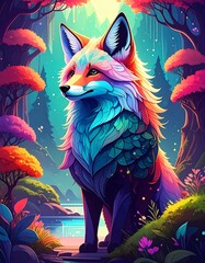 Colorful fox in a vibrant forest scene