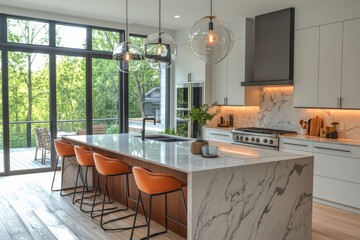 Modern kitchen design with open layout scenic views interior contemporary style bright atmosphere
