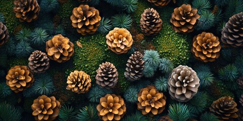 Nature's beauty pine cones and greenery forest floor natural environment aerial view organic texture