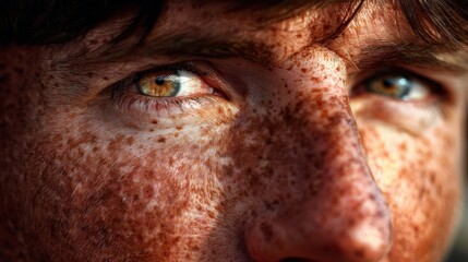 Beauty portrait shows a man with clean skin and striking features, highlighting natural freckles against a soft background