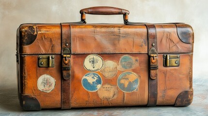 Adventure awaits vintage travel suitcase with stickers cozy still life warm atmosphere