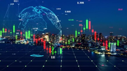 Global Finance: Stock Market Data Overlaying Cityscape with Earth Visualization - Powered by Adobe
