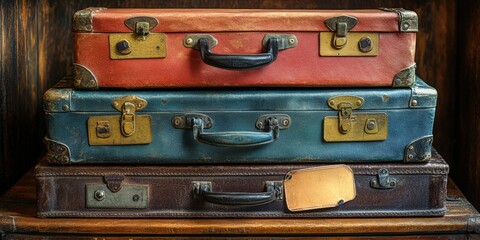 Vintage suitcases stacked together cozy interior travel memories nostalgic atmosphere view