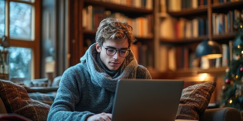 Young man working on laptop in cozy library winter atmosphere focused study session warm lighting intimate